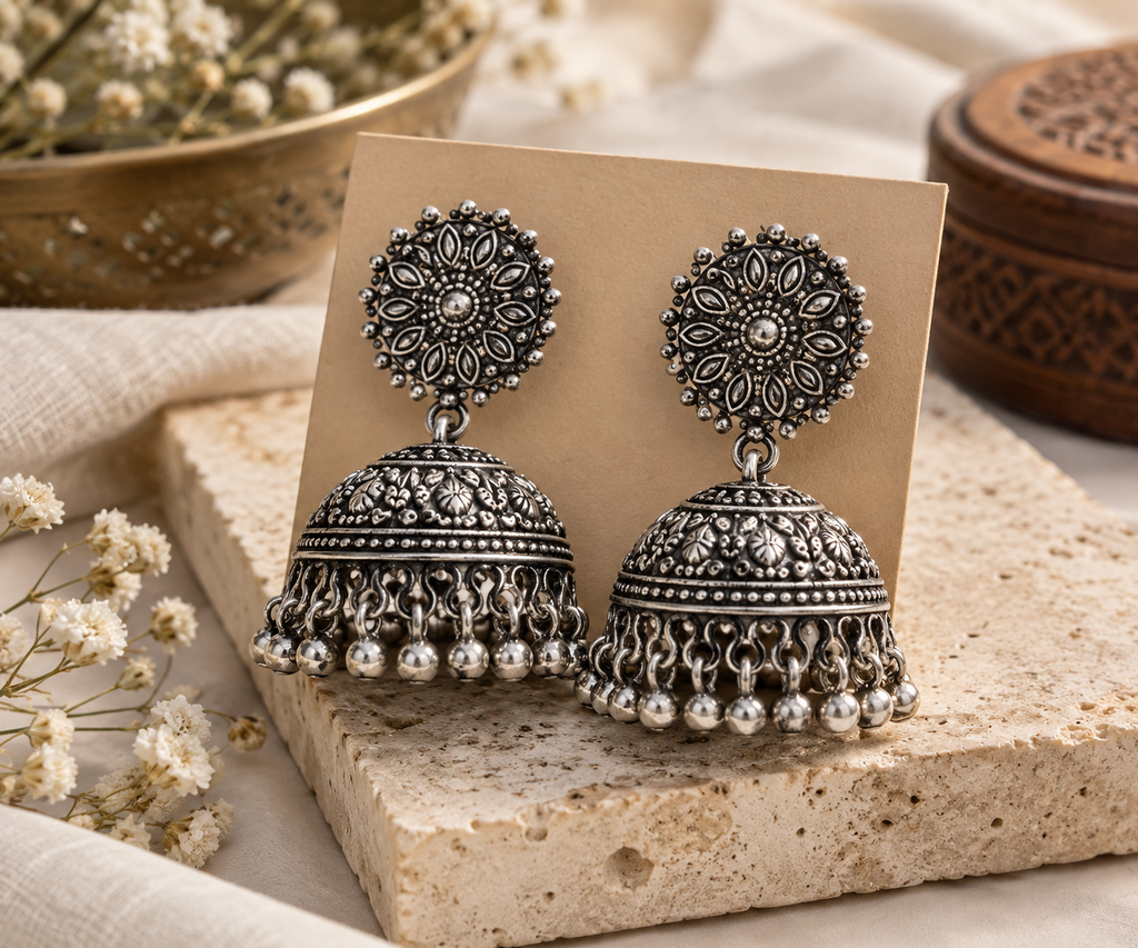 Oxidised Silver Jhumka Earrings – Traditional Floral Design