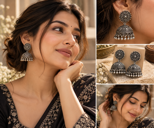 Oxidised Silver Jhumka Earrings – Traditional Floral Design