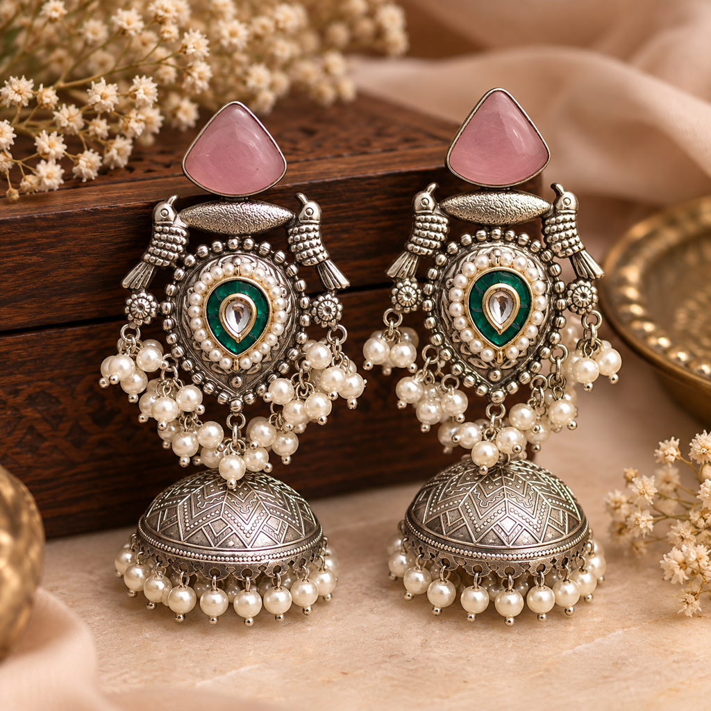 Pink & Emerald Peacock Jhumka Earrings |