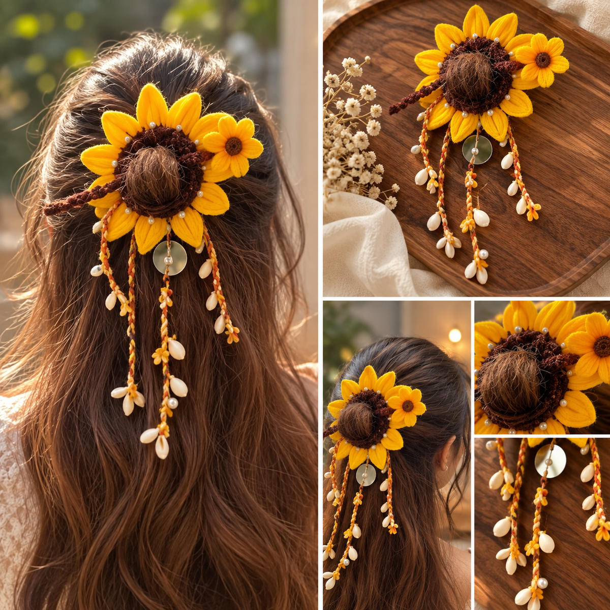 Sunflower Hair Bun Accessory | Handmade Floral Hair Clip with Pearl Charm