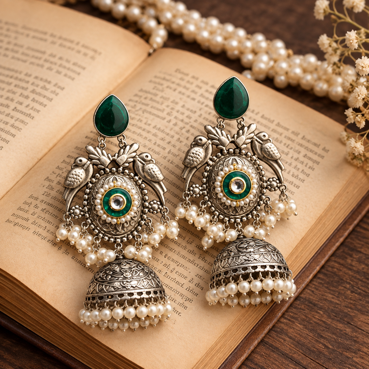Emerald Peacock Jhumka Earrings