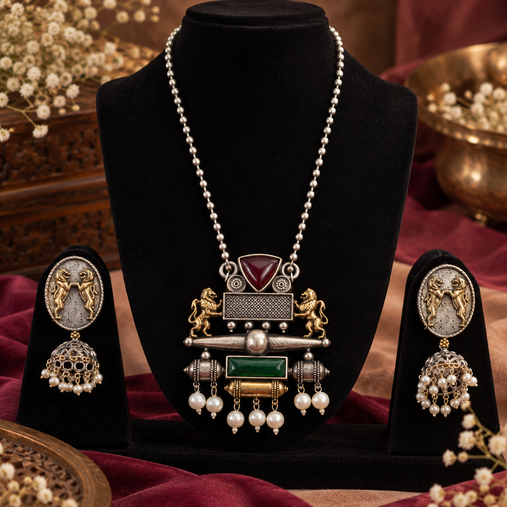 Lion Motif Pendant & Pearl Jhumka Earrings