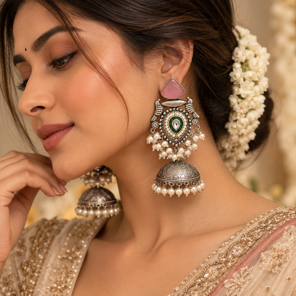 Pink & Emerald Peacock Jhumka Earrings |