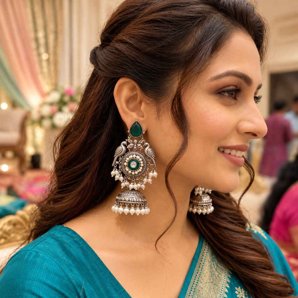 Emerald Peacock Jhumka Earrings