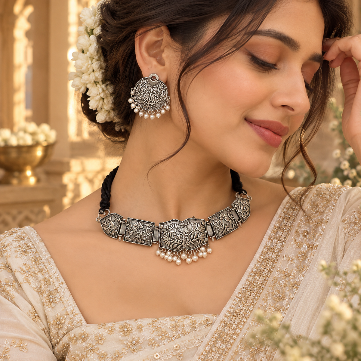 Antique Floral Oxidized Silver Choker Set
