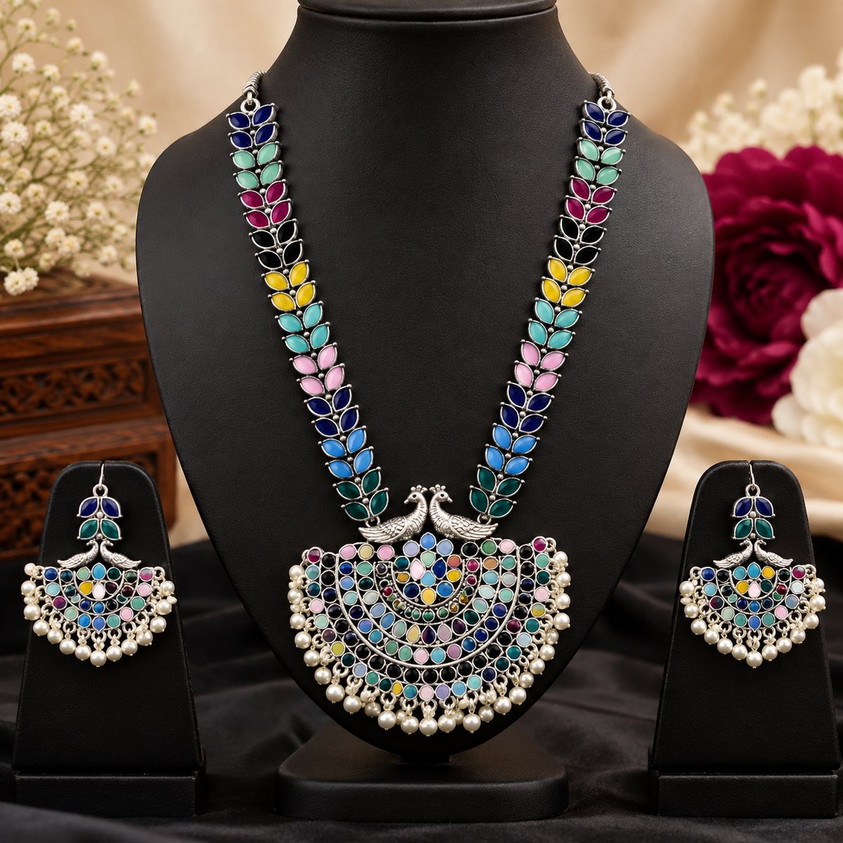 Multicolor Peacock Oxidized Silver Necklace Set