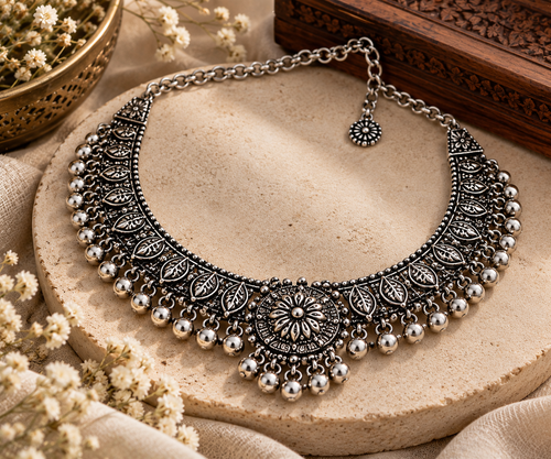 Oxidised Silver Statement Necklace – Intricate Floral & Leaf Design